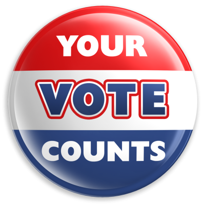 Red, white and blue button with the words Your Vote Counts