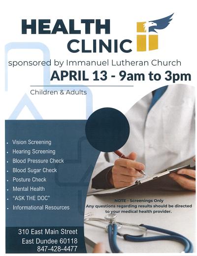 Picture of flyer for Health Clinic showing a medical person with a clipboard