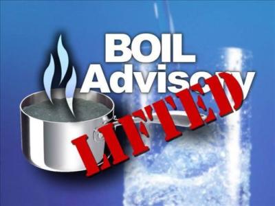 Words "Boil Order Lifted" graphic of pot of boiling water