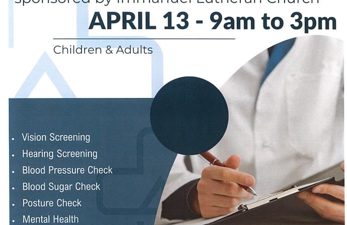Picture of flyer for Health Clinic showing a medical person with a clipboard