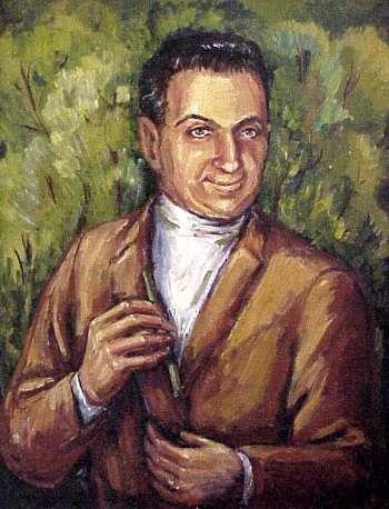 A painting of Floyd T. Falese in front of a bushy green background