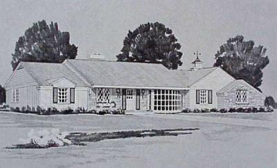 Black and white concept art depicting a ranch style Scholz-designed home with a manicured lawn and trees in the back