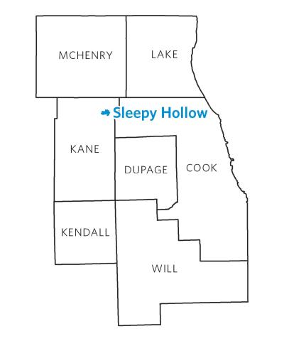Outline of the seven counties of CMAP with Sleepy Hollow highlighted