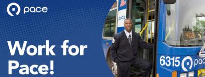 The Pace logo and the words "Work for Pace" next to a picture of a bus driver standing next to a bus
