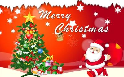The words Merry Christmas with a decorated Christmas tree and Santa Claus