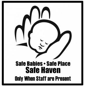 Simple line drawing of a baby head in a hand. Under logo says Safe Babies, Safe Place, Safe Haven. Only When Staff are Present