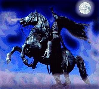 The headless horseman on a rearing horse on a foggy night with a fully moon in the sky