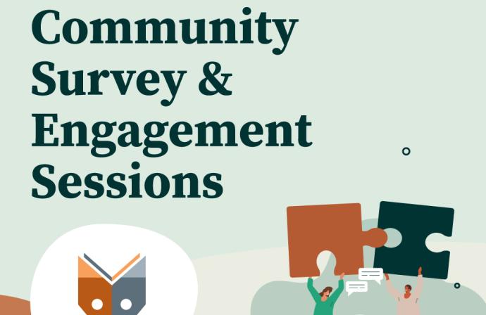 The words FRVPLD Community Survey & Engagement Sessions with a graphic of a fox face and two people each holding a puzzle piece