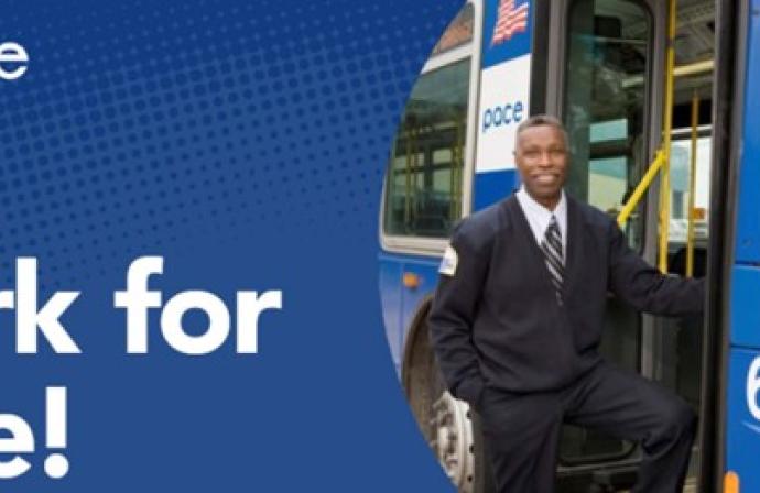 The Pace logo and the words "Work for Pace" next to a picture of a bus driver standing next to a bus 